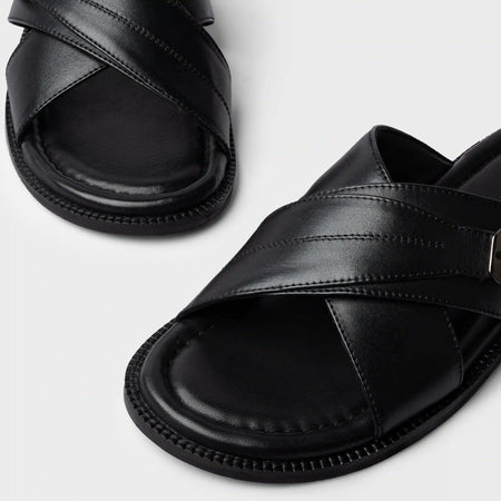 Cross Strap Slippers | Black Leather