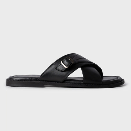 Cross Strap Slippers | Black Leather