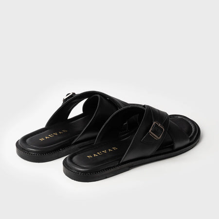 Cross Strap Slippers | Black Leather