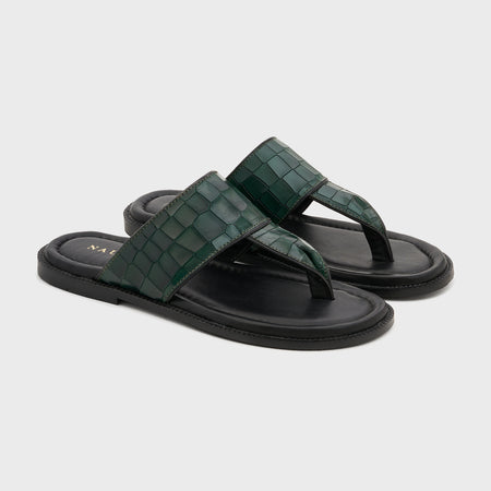Thong Slippers | Forest Green Croco Leather