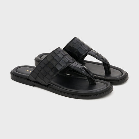 Thong Slippers | Midnight Black Croco Leather