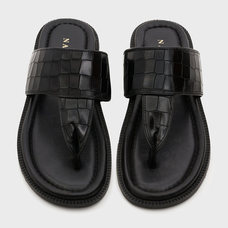 Thong Slippers | Midnight Black Croco Leather